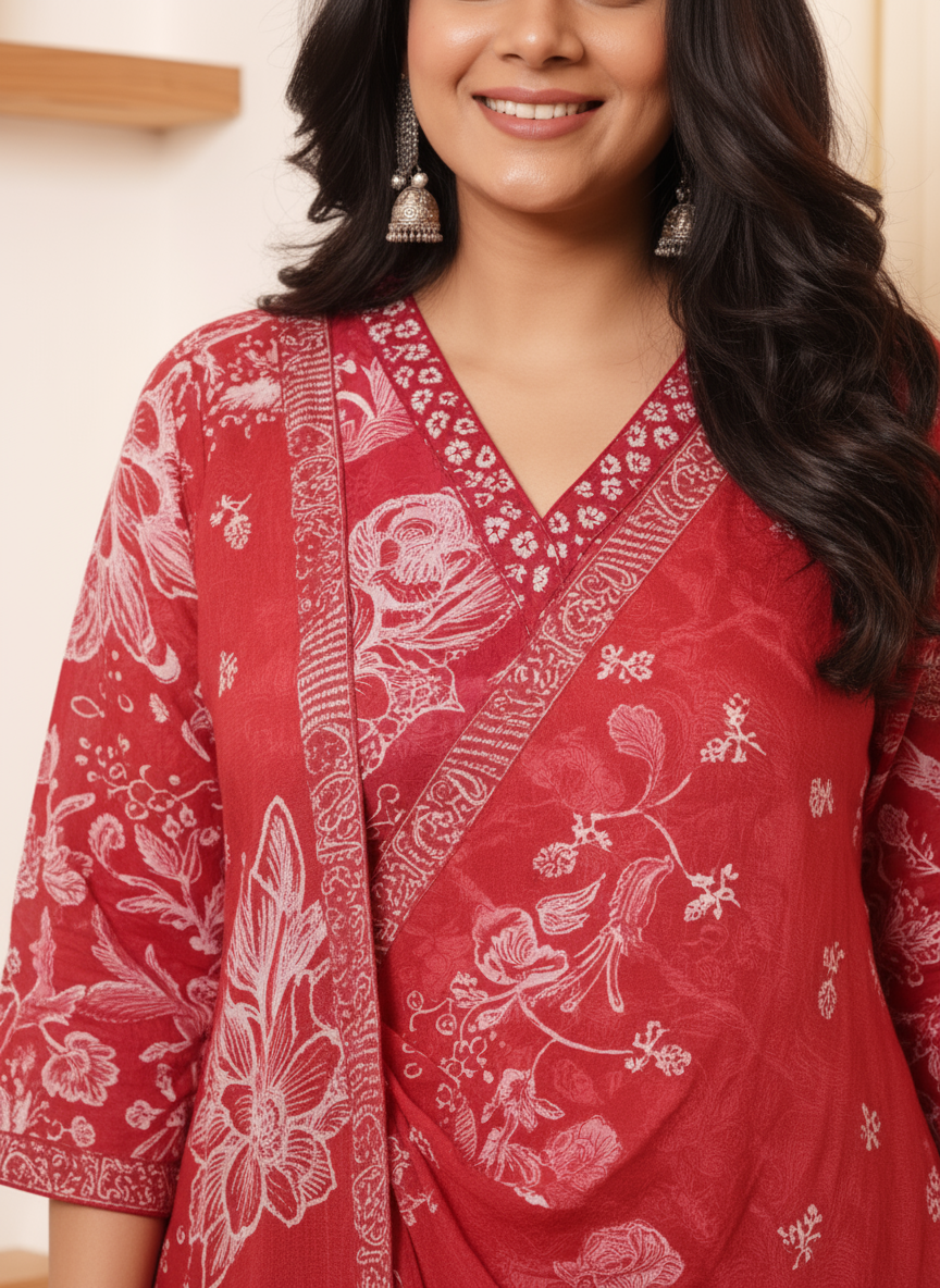 Embroidered Viscose Floral A-line Red Kurta