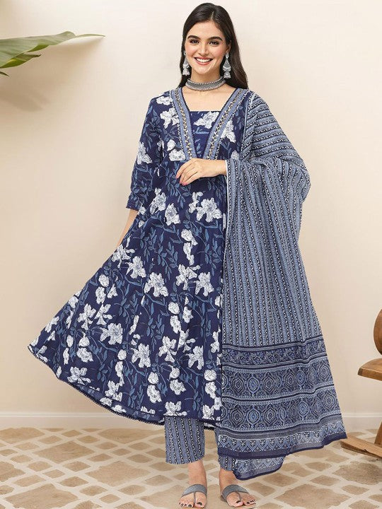 Ishin Floral Printed Pure Cotton Kurta with Trousers & Dupatta