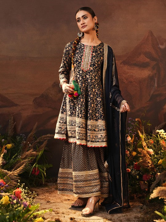 Ishin Women Navy Blue Floral Printed Gotta Patti Kurta & Sharara With Dupatta