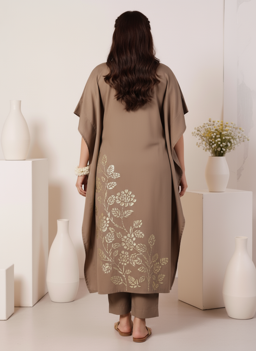 Poly Chanderi Placement Print Kaftan Brown Kurta