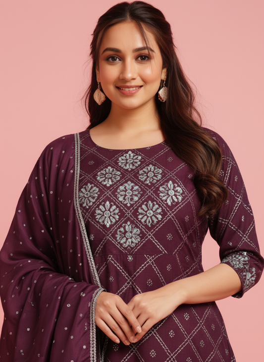 Embroidered Roman silk Bandhani Anarkali Purple Kurta