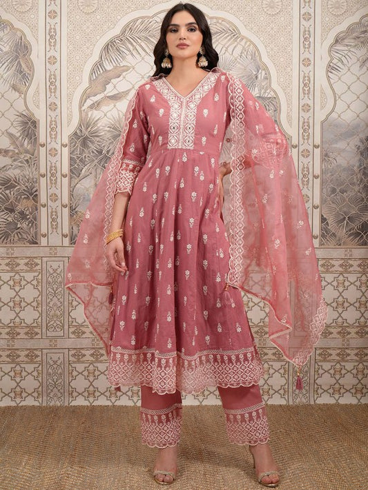 Vishudh Peach Ethnic Motifs Embroidered Empire Sequinned Pure Cotton Anarkali Kurta Set