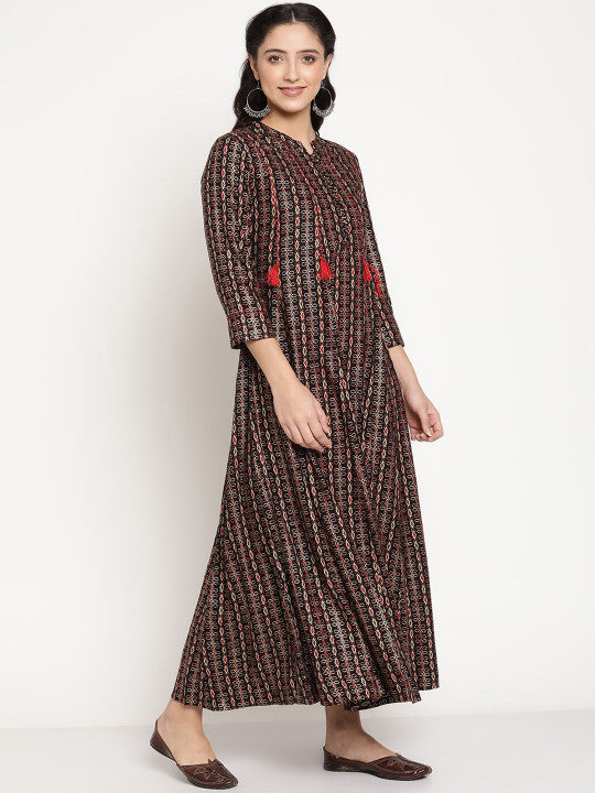 Be Indi Rayon Ethnic Motifs Printed Mandarin Collar Maxi Dress