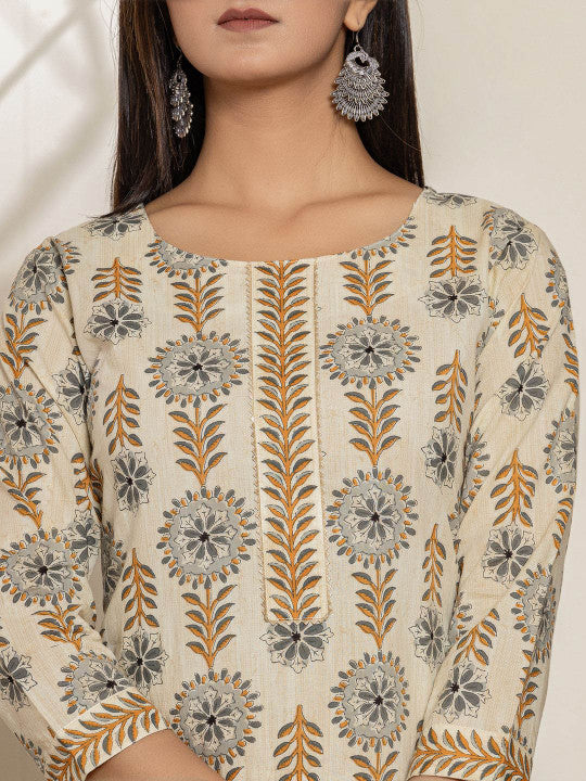 Yufta Round Neck Floral Printed Regular Gotta Patti Pure Cotton Straight Kurta Set