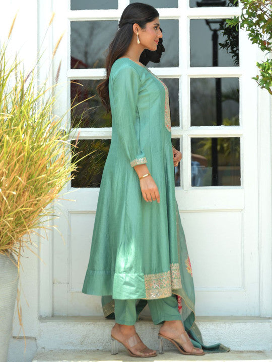 Indo Era Women Floral Embroidered Regular Sequinned Kurta with Trousers & With Dupatta