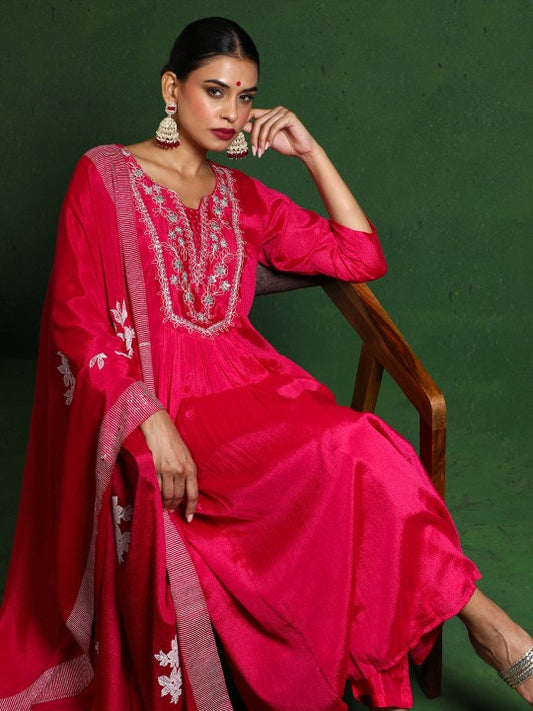 Varanga Floral Embroidered Thread Work Notch Neck A-Line Kurta