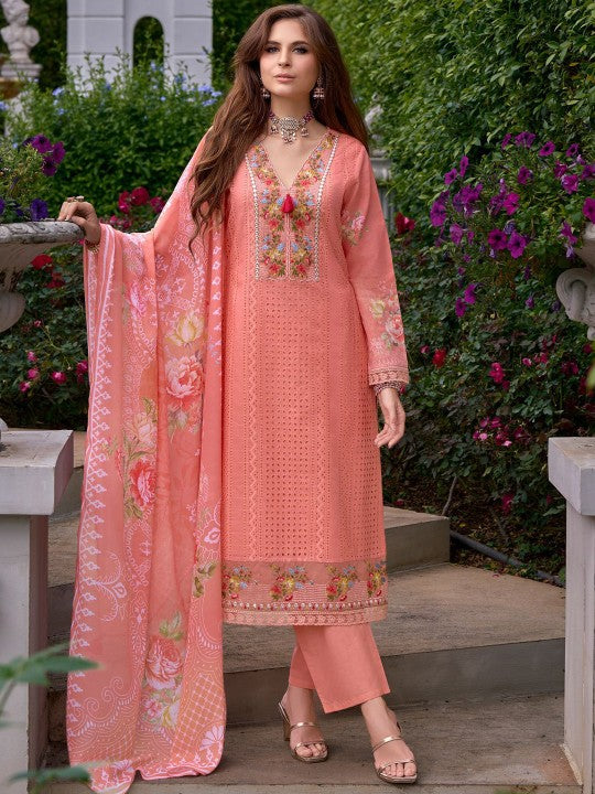 Indo Era Women Floral Embroidered Regular Mirror Work Pure Cotton Kurta with Trousers & With Dupatta