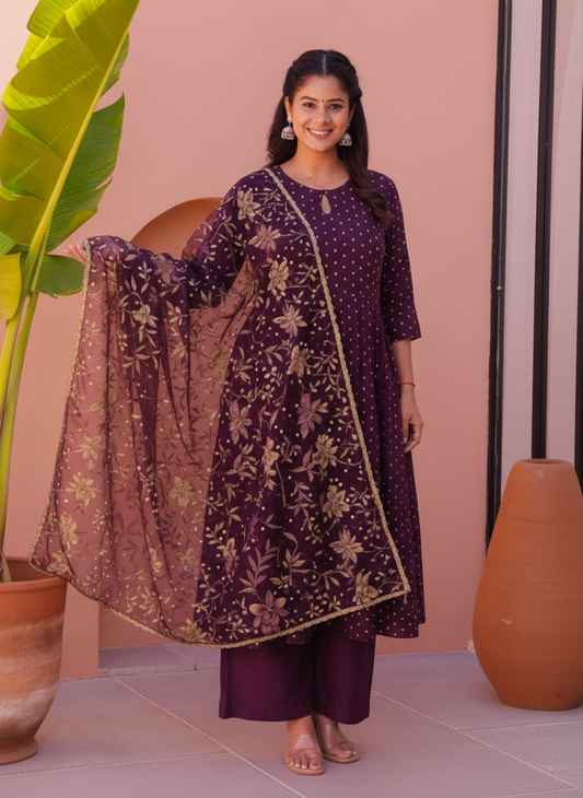 Embroidered Self Design Georgette Solid Straight Purple Kurta