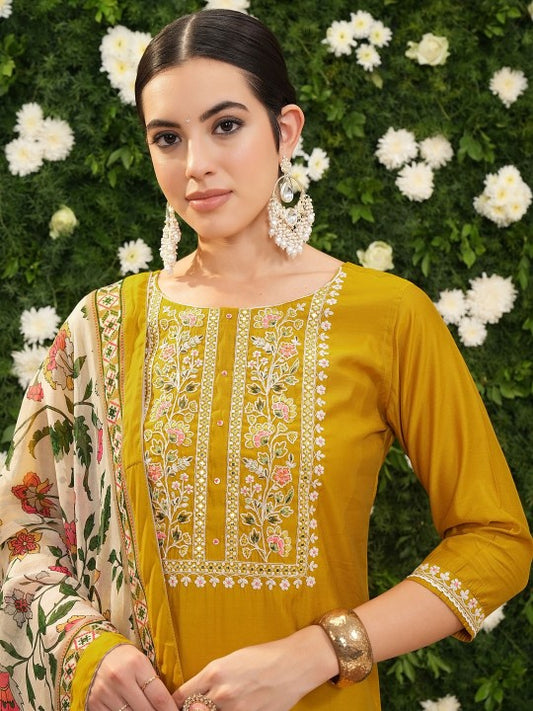 Vishudh Mustard Yellow Floral Yoke Design Thread Work Kurta With Trousers & Dupatta