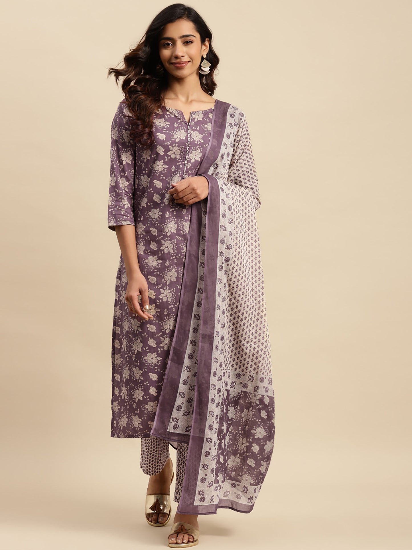 Womens Purple &amp; Off White Printed Kurta with Pant and Dupatta (Set of 3)