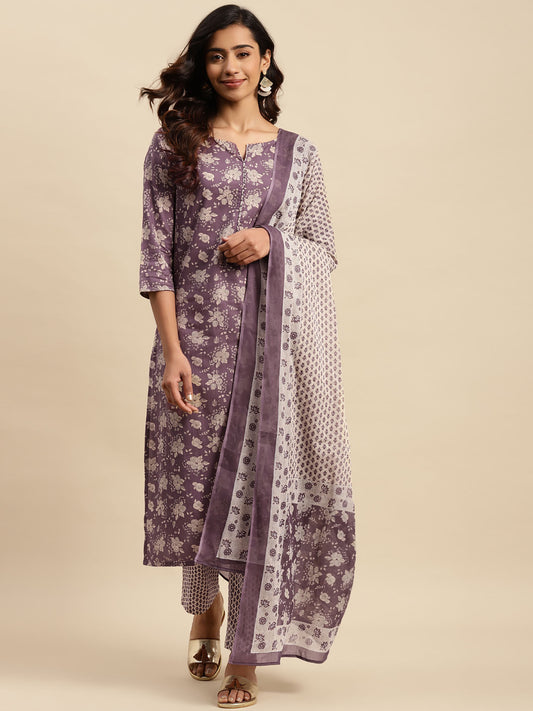 Womens Purple &amp; Off White Printed Kurta with Pant and Dupatta (Set of 3)