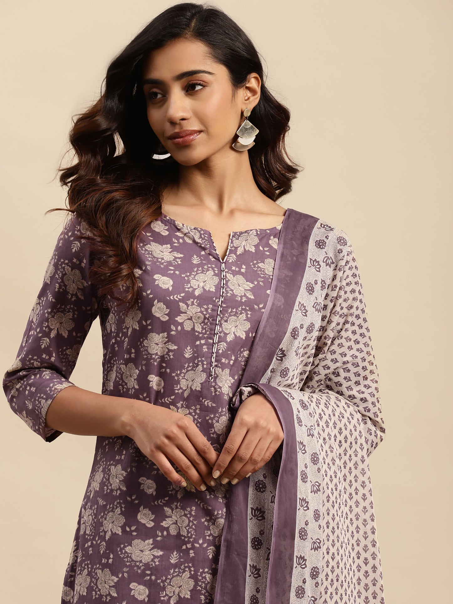 Womens Purple &amp; Off White Printed Kurta with Pant and Dupatta (Set of 3)