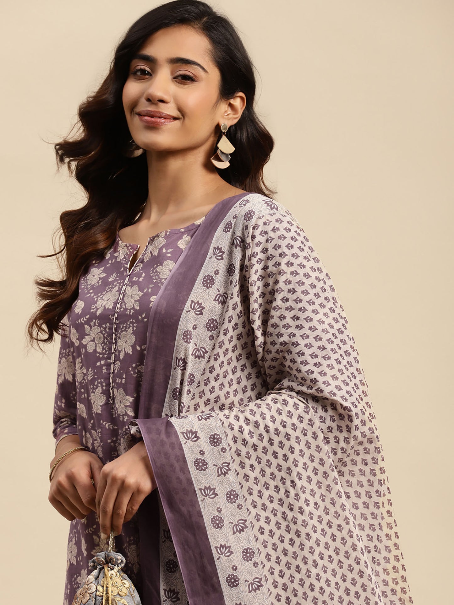 Womens Purple &amp; Off White Printed Kurta with Pant and Dupatta (Set of 3)