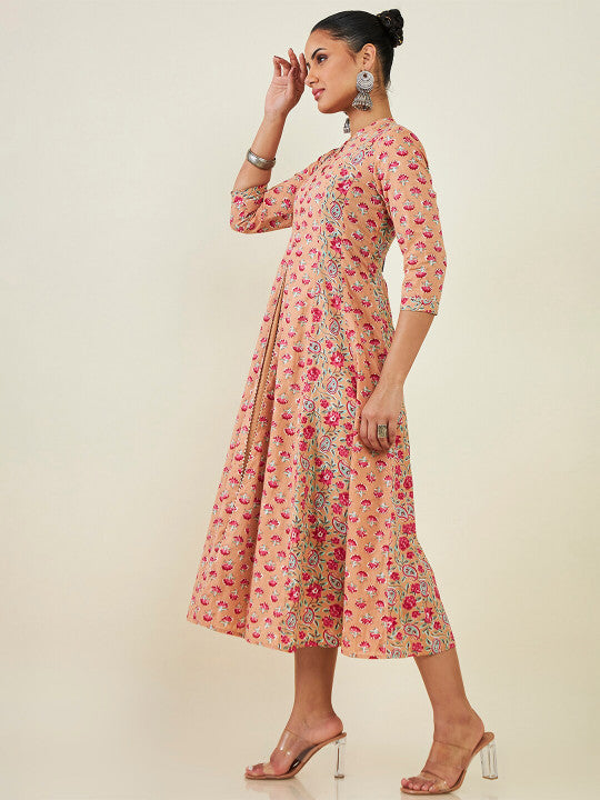 Mandarin Collar Floral Printed Cotton Fit & Flare Midi Ethnic Dress