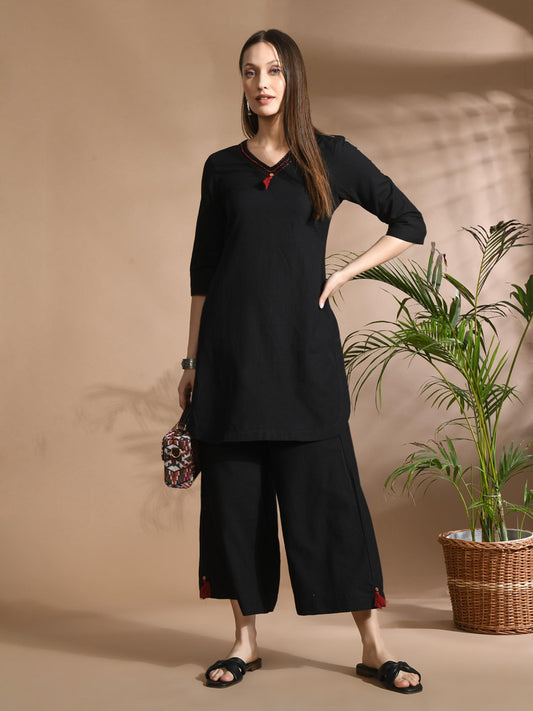 Cotton Solid/ Plain with Neckline Embroidered &amp; Beaded Black Co-Ord (Set of 2)
