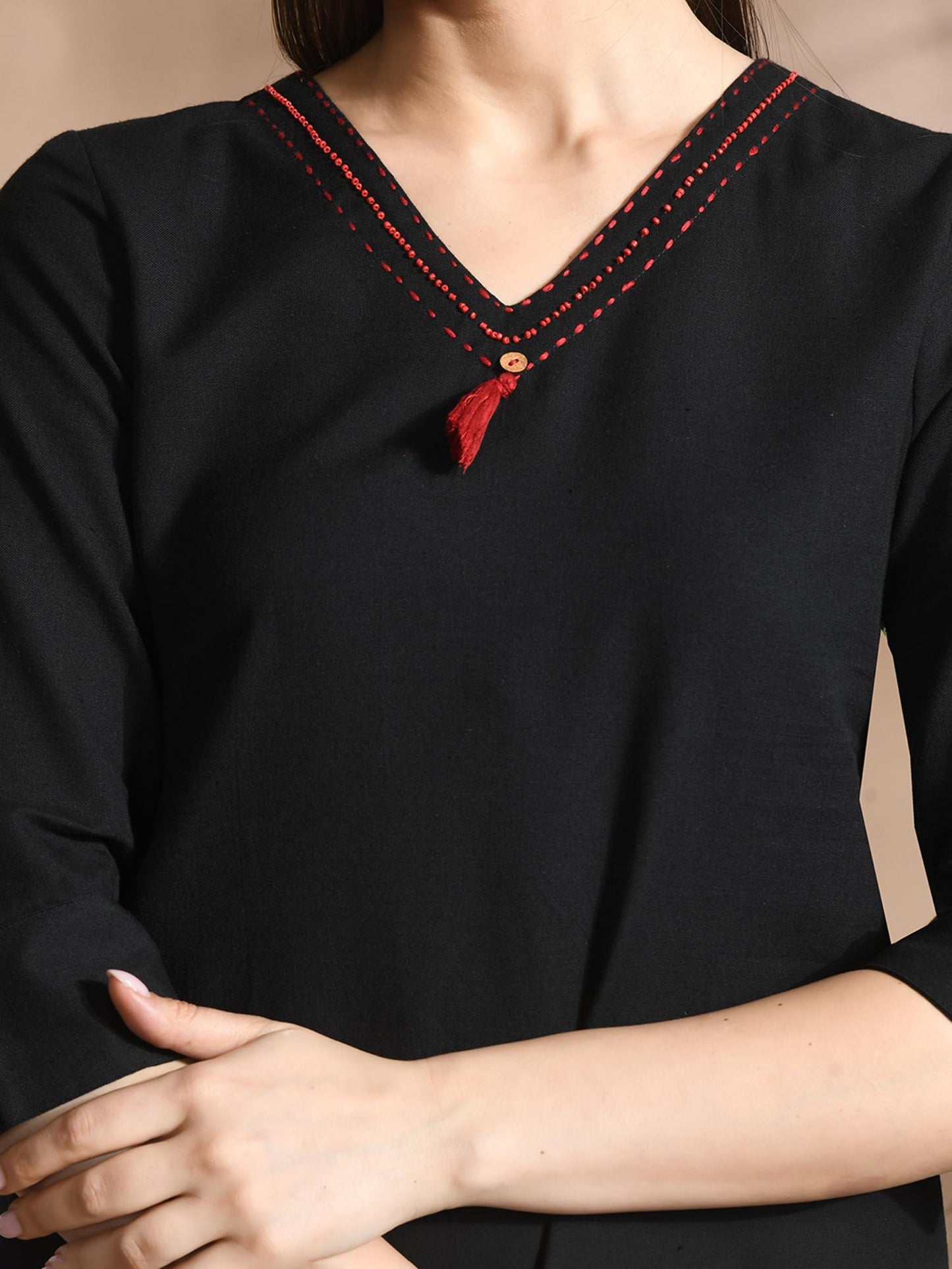 Cotton Solid/ Plain with Neckline Embroidered &amp; Beaded Black Co-Ord (Set of 2)