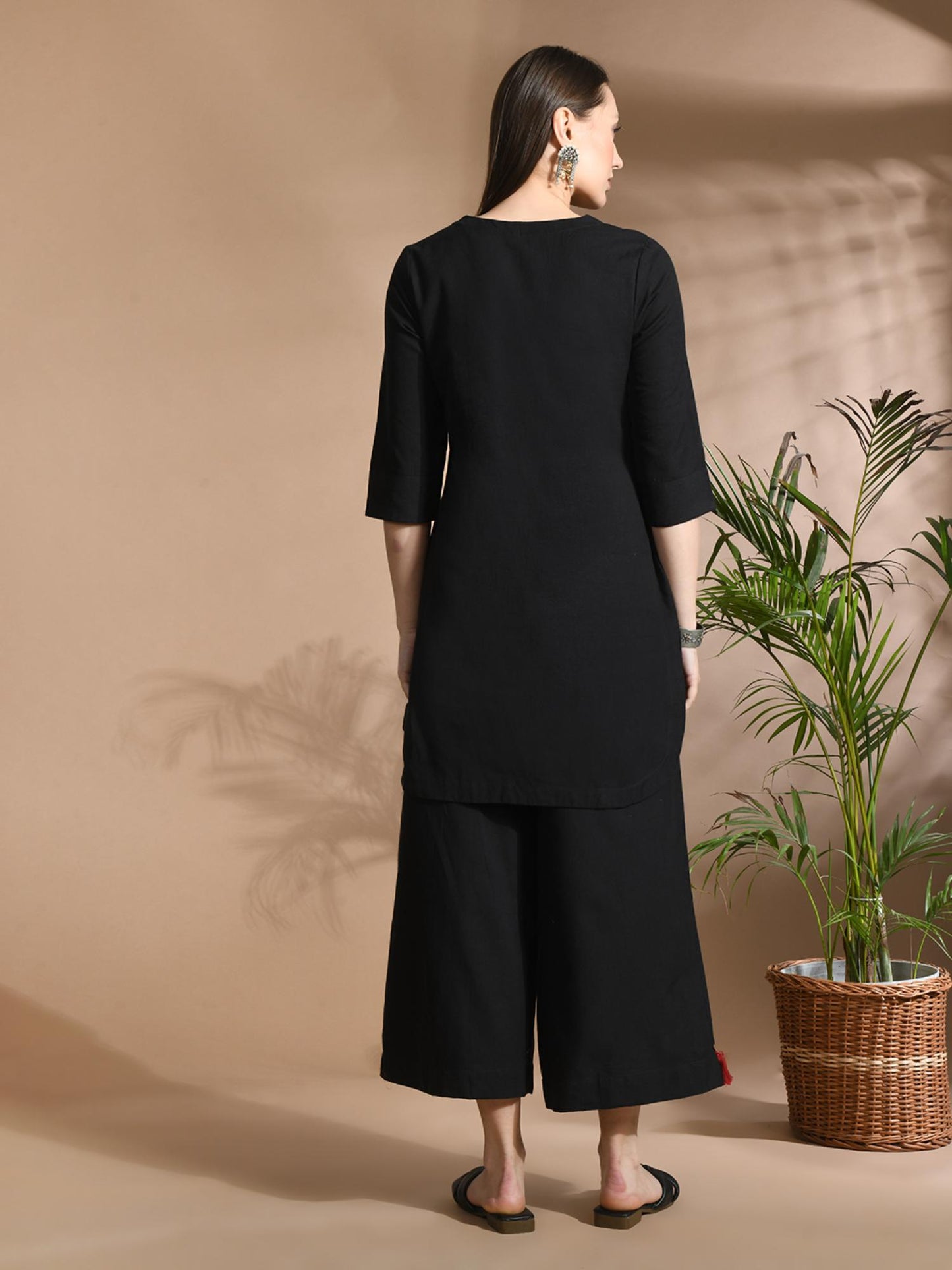Cotton Solid/ Plain with Neckline Embroidered &amp; Beaded Black Co-Ord (Set of 2)