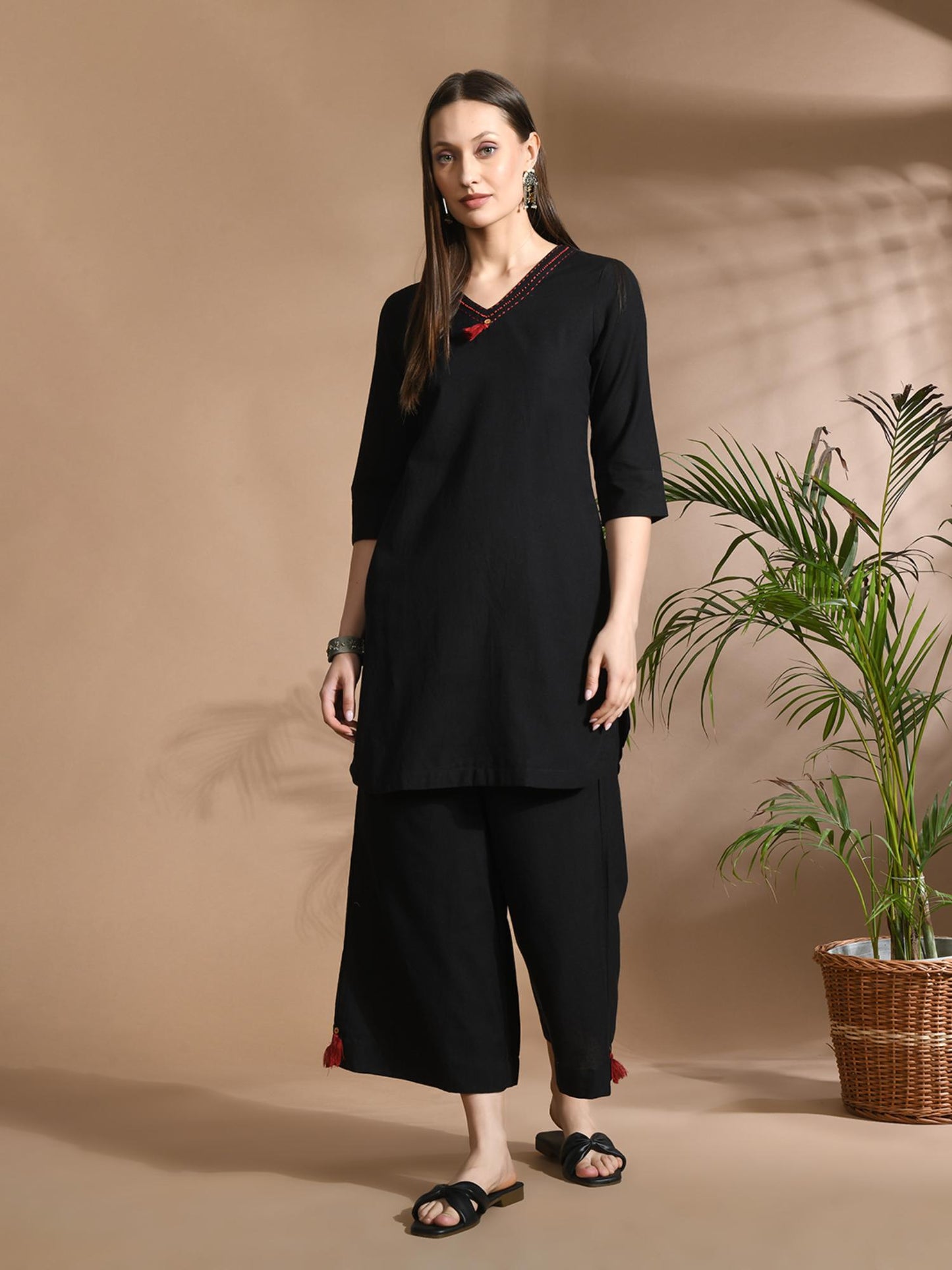 Cotton Solid/ Plain with Neckline Embroidered &amp; Beaded Black Co-Ord (Set of 2)