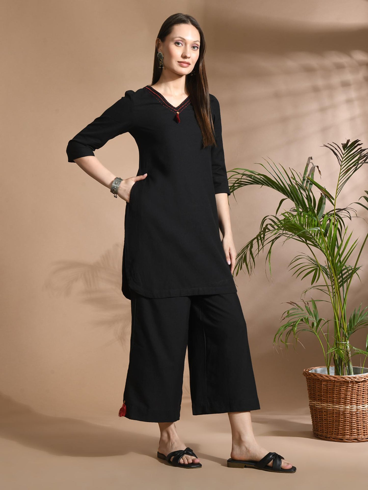 Cotton Solid/ Plain with Neckline Embroidered &amp; Beaded Black Co-Ord (Set of 2)
