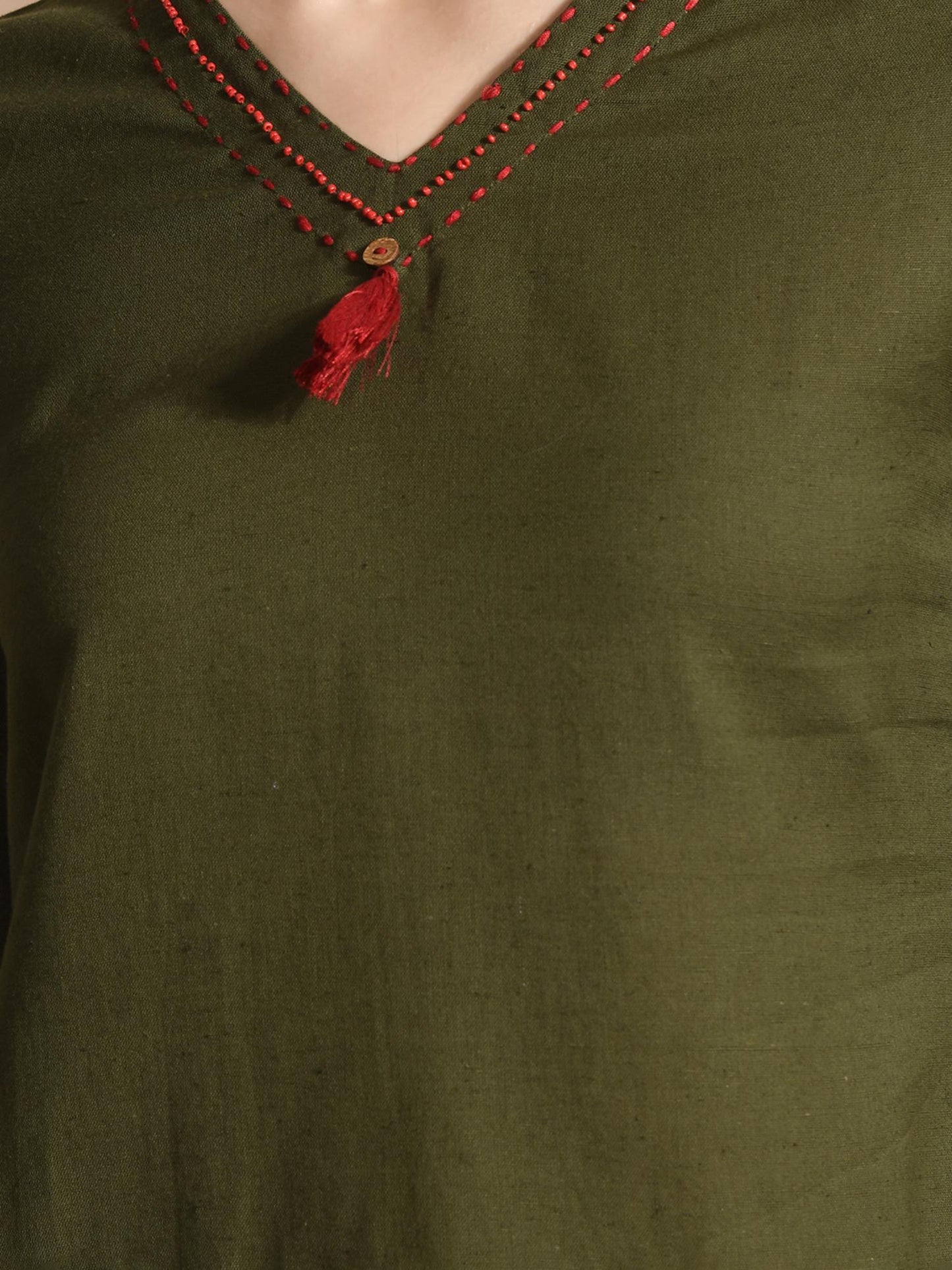 Cotton Solid/ Plain with Neckline Embroidered &amp; Beaded Green Co-Ord (Set of 2)
