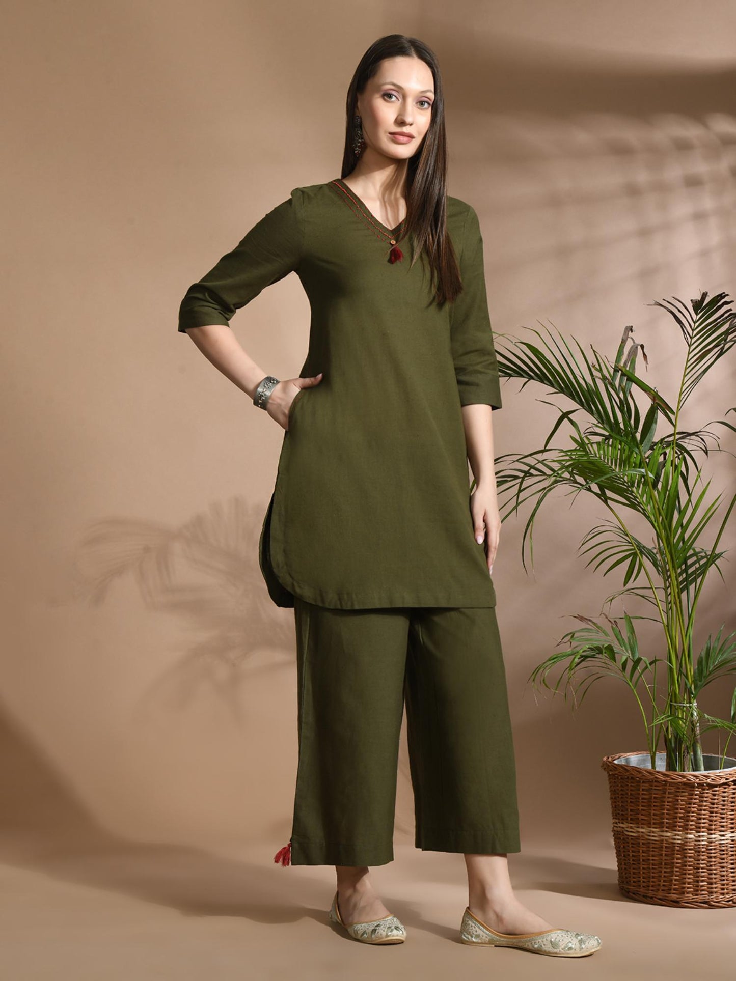 Cotton Solid/ Plain with Neckline Embroidered &amp; Beaded Green Co-Ord (Set of 2)