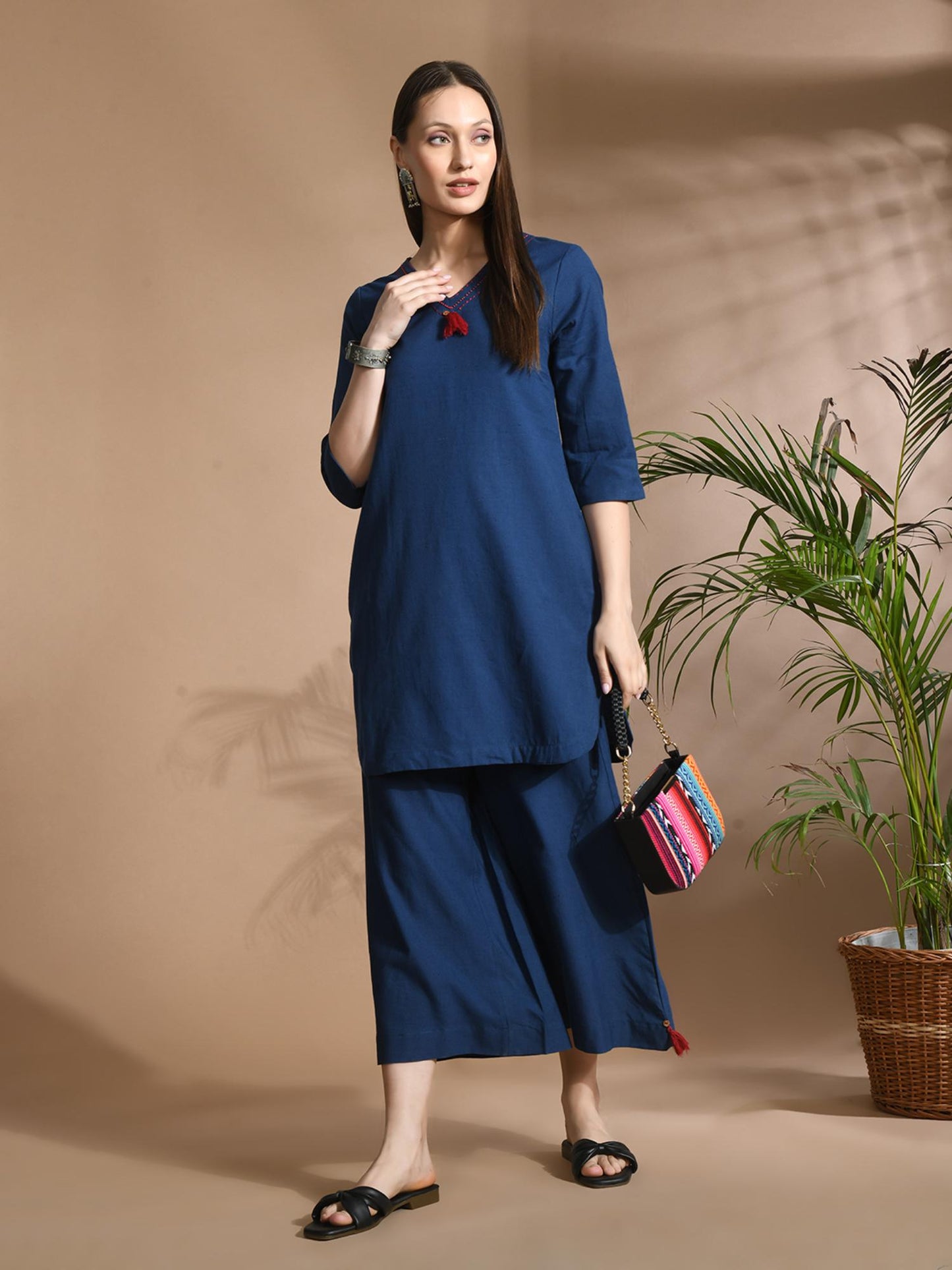Cotton Solid/ Plain with Neckline Embroidered &amp; Beaded Blue Co-Ord (Set of 2)