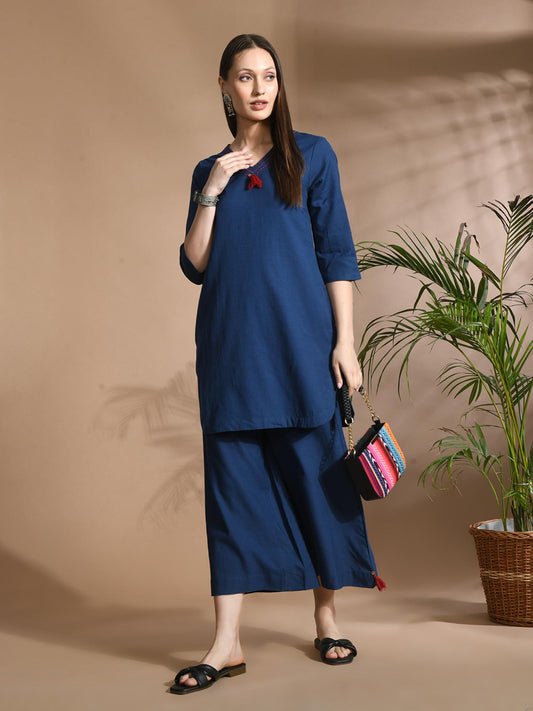 Cotton Solid/ Plain with Neckline Embroidered &amp; Beaded Blue Co-Ord (Set of 2)