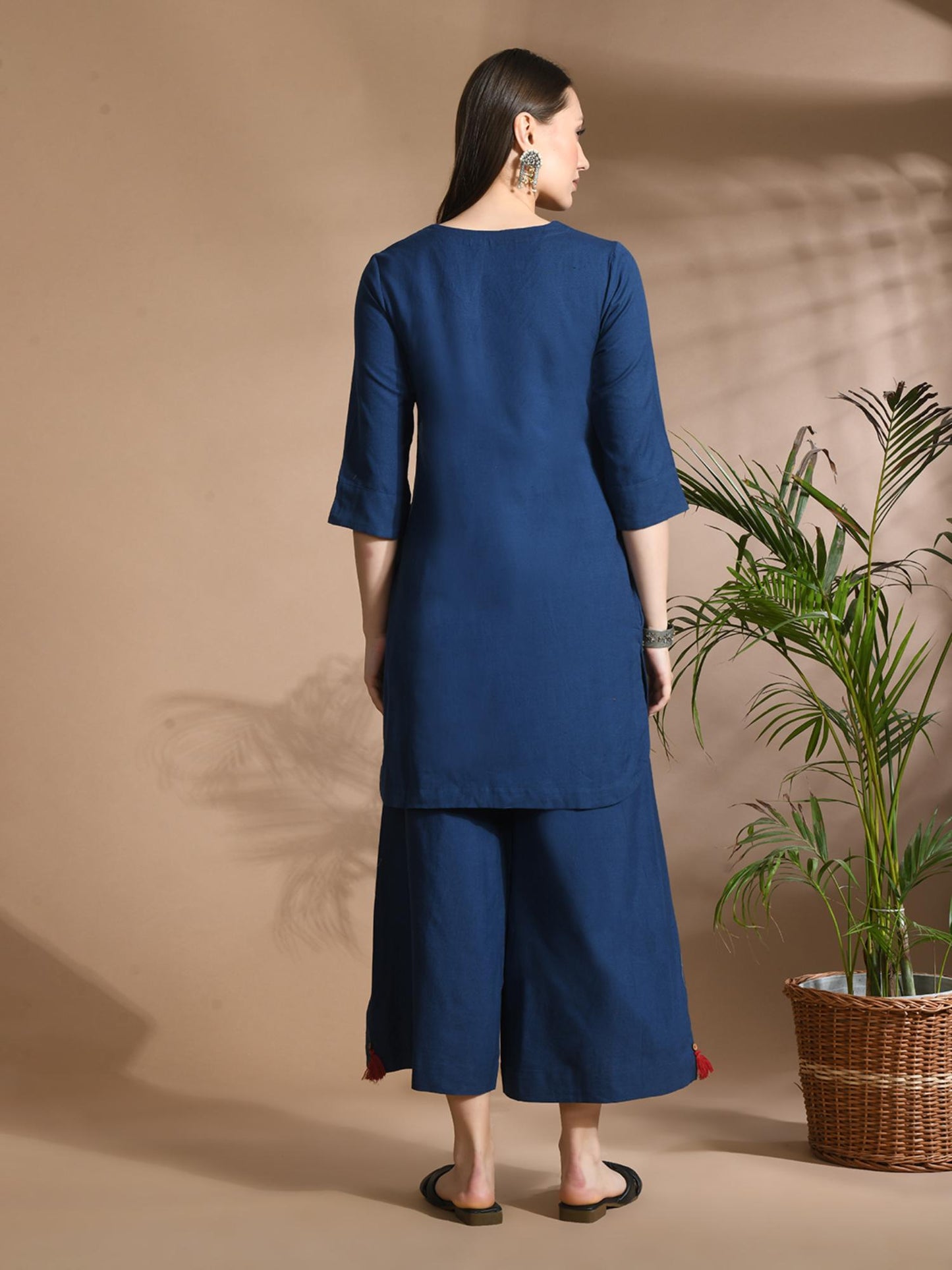 Cotton Solid/ Plain with Neckline Embroidered &amp; Beaded Blue Co-Ord (Set of 2)