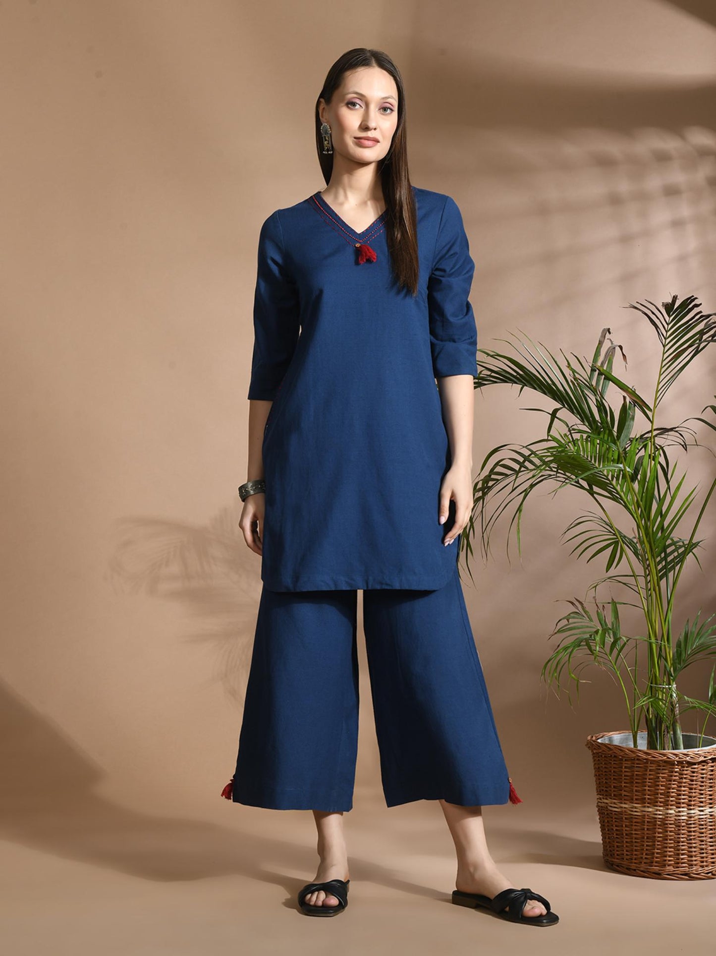 Cotton Solid/ Plain with Neckline Embroidered &amp; Beaded Blue Co-Ord (Set of 2)