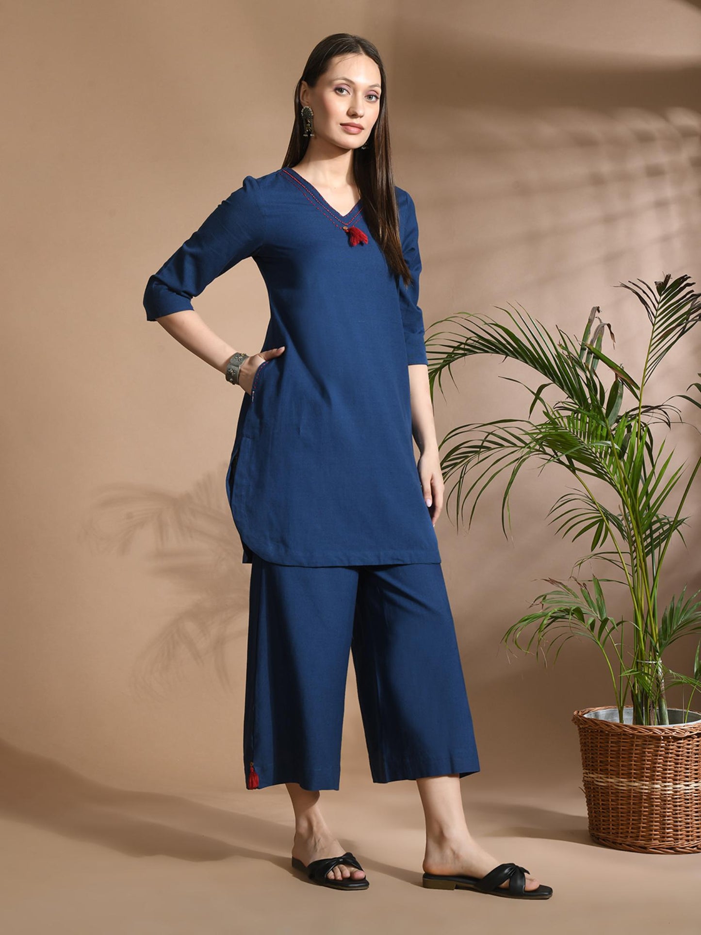 Cotton Solid/ Plain with Neckline Embroidered &amp; Beaded Blue Co-Ord (Set of 2)