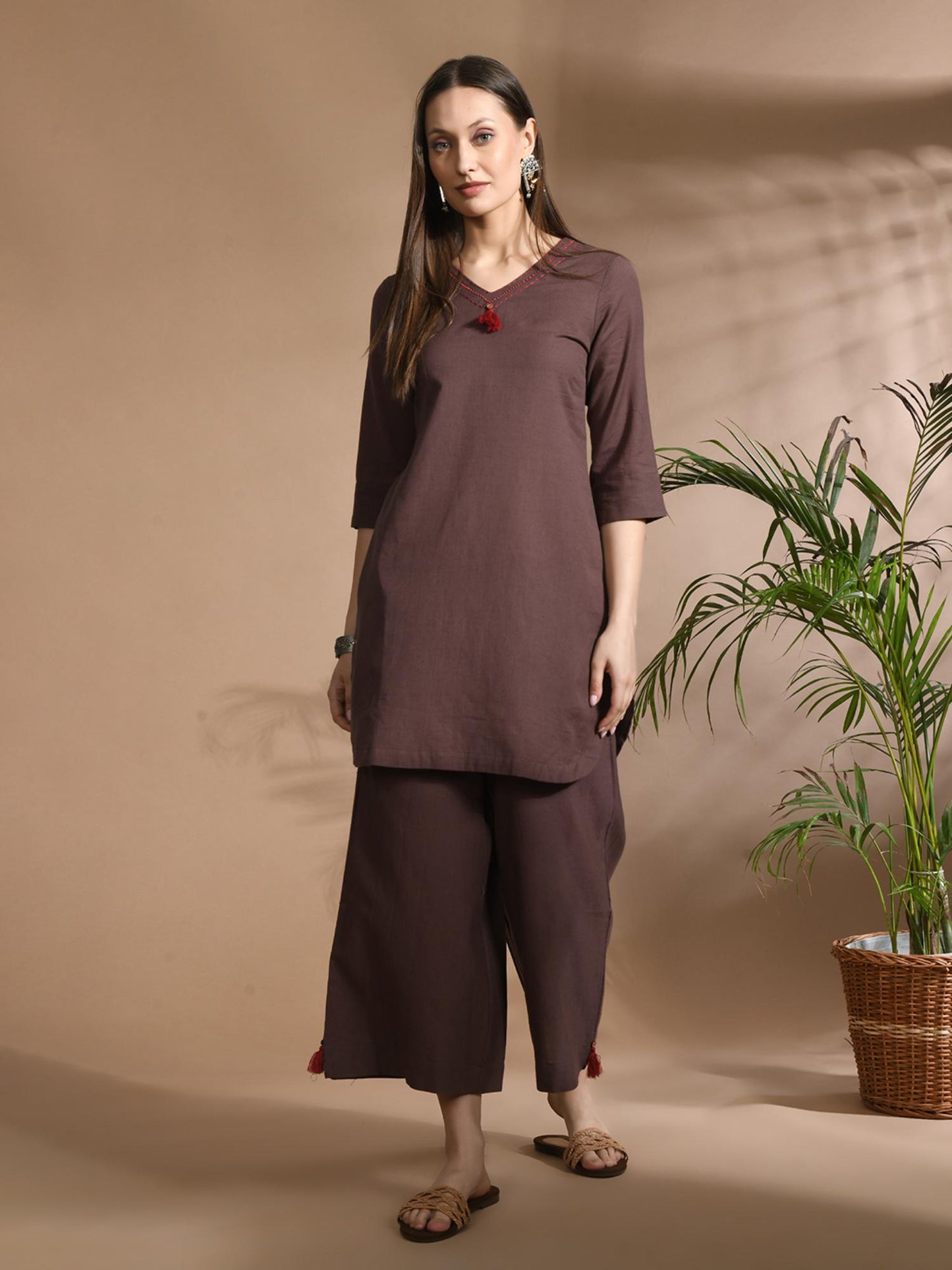 Cotton Solid/ Plain with Neckline Embroidered &amp; Beaded Brown Co-Ord (Set of 2)
