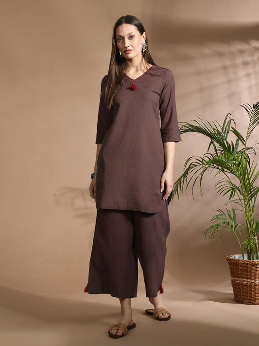 Cotton Solid/ Plain with Neckline Embroidered &amp; Beaded Brown Co-Ord (Set of 2)