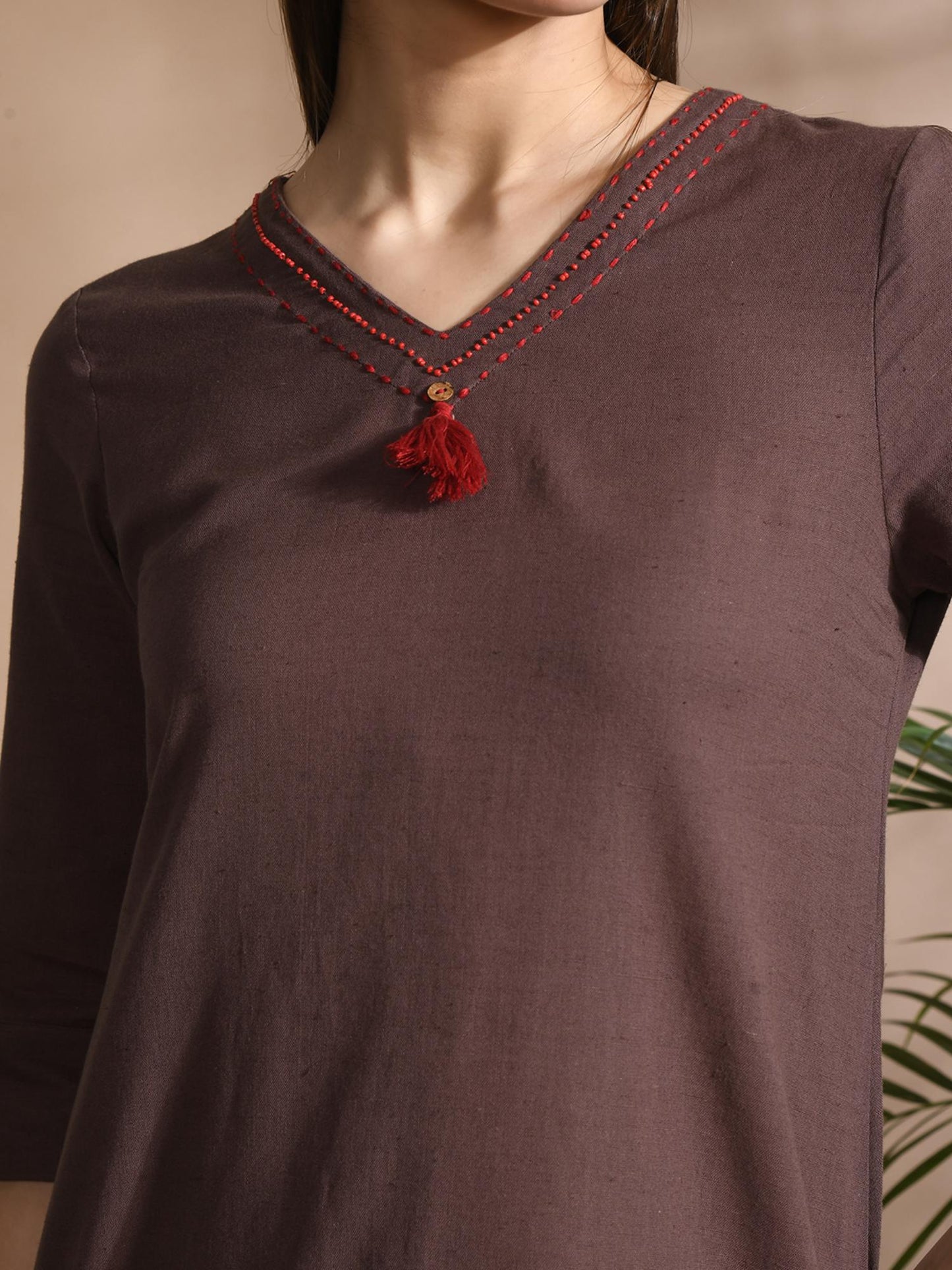 Cotton Solid/ Plain with Neckline Embroidered &amp; Beaded Brown Co-Ord (Set of 2)