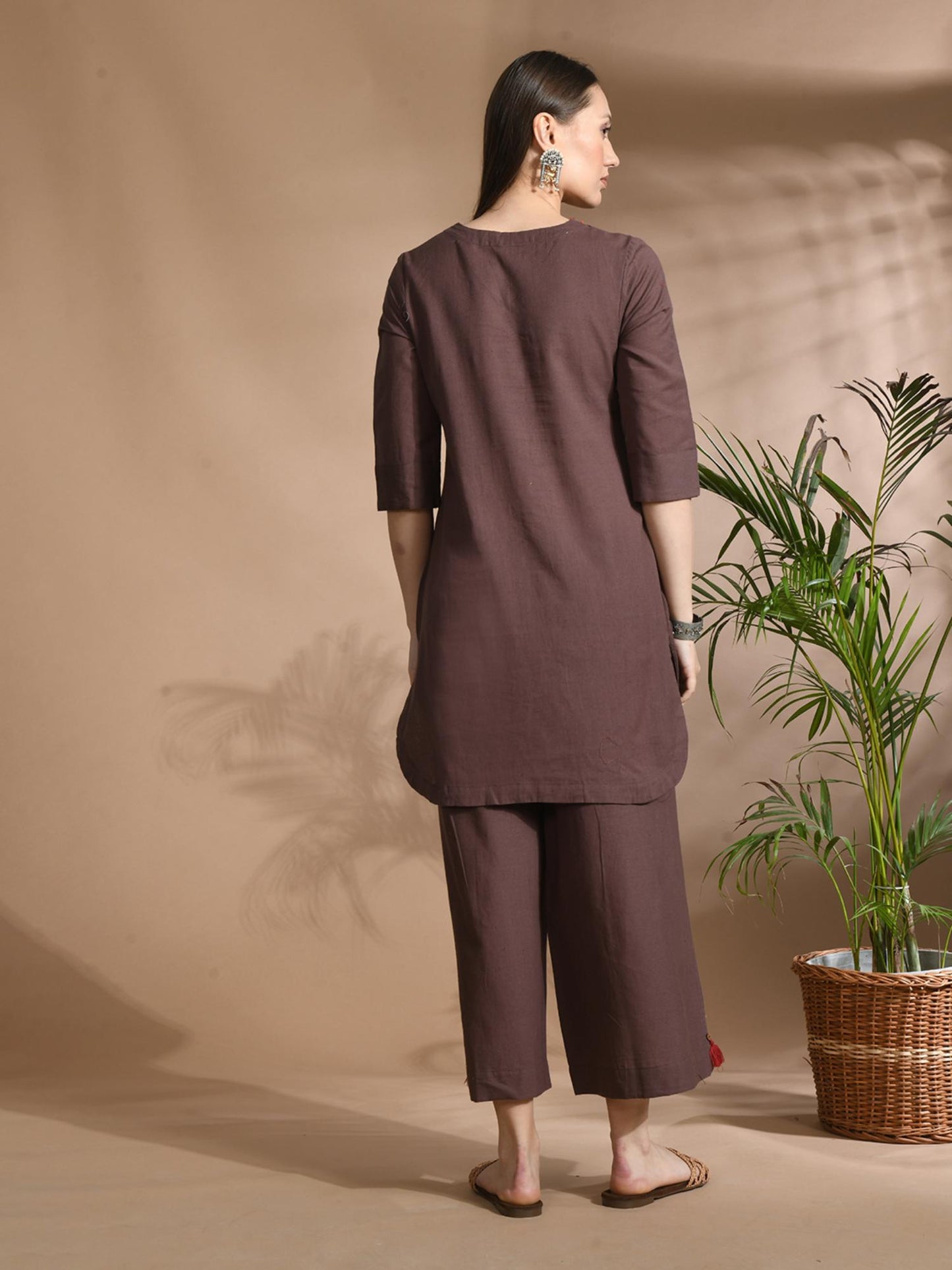 Cotton Solid/ Plain with Neckline Embroidered &amp; Beaded Brown Co-Ord (Set of 2)