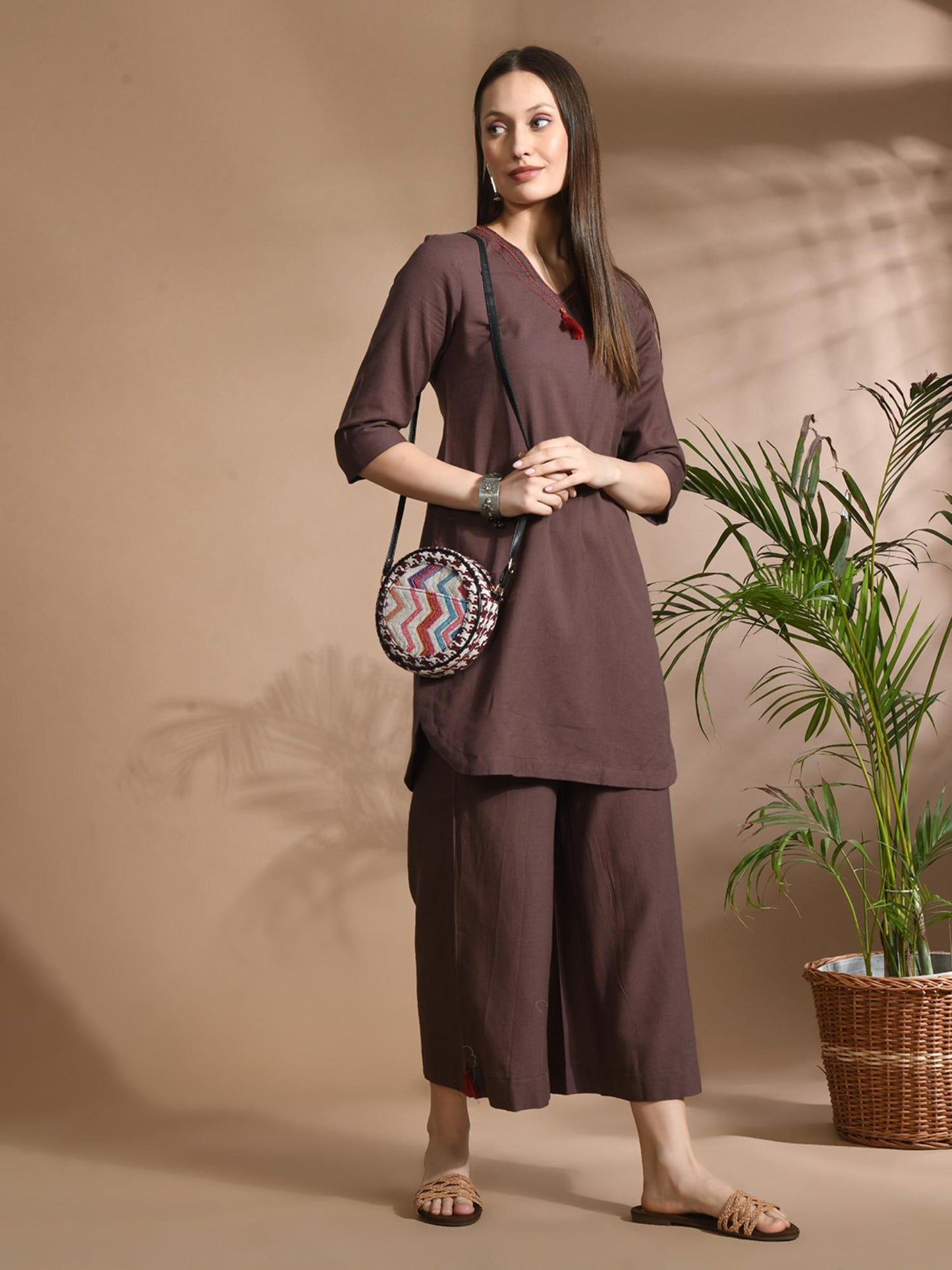 Cotton Solid/ Plain with Neckline Embroidered &amp; Beaded Brown Co-Ord (Set of 2)