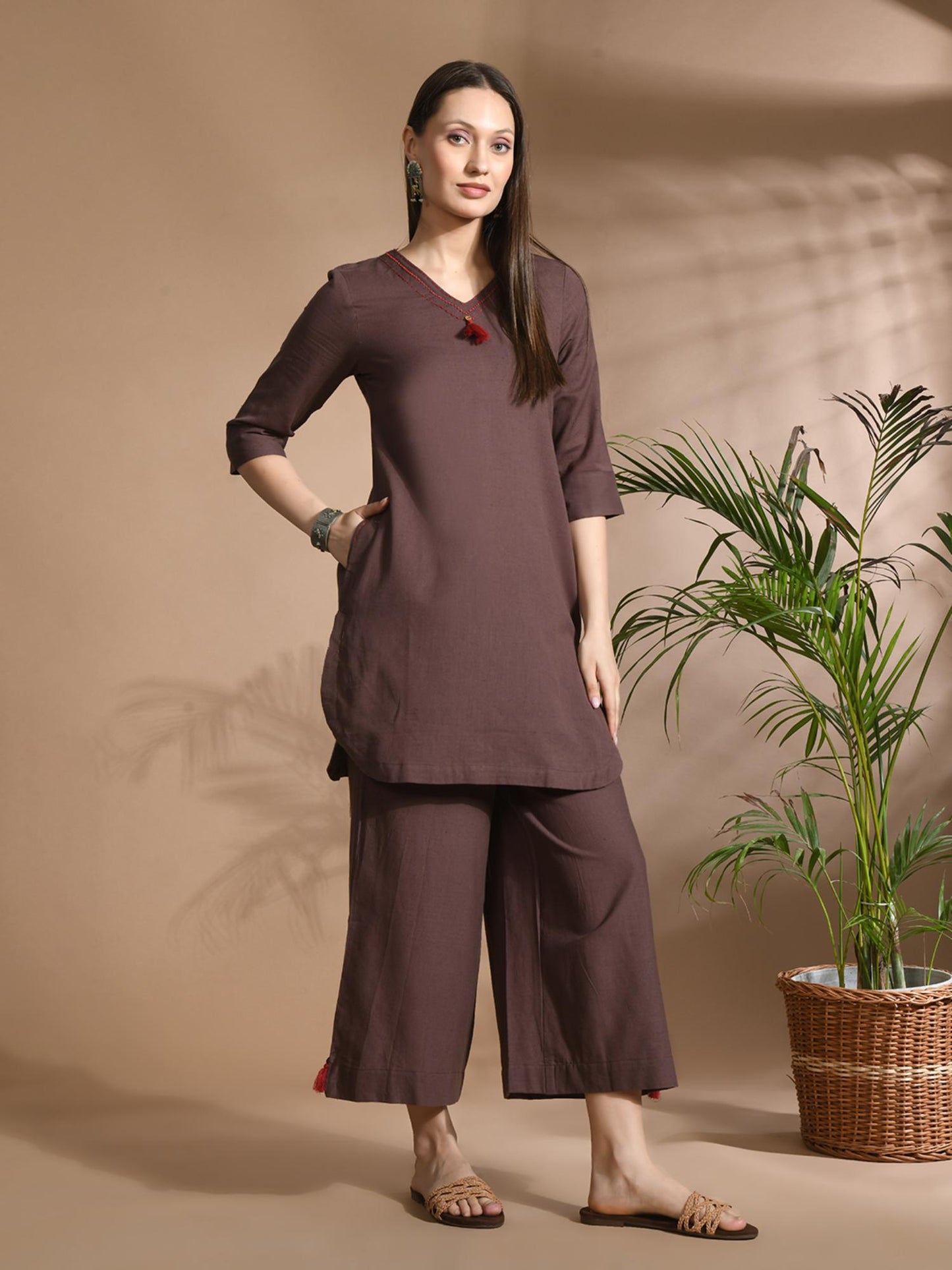 Cotton Solid/ Plain with Neckline Embroidered &amp; Beaded Brown Co-Ord (Set of 2)