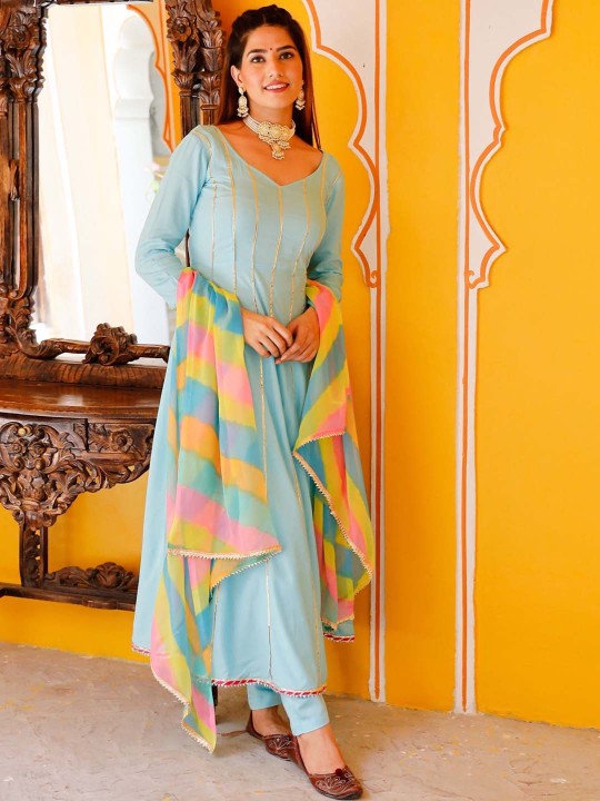 Thread & Button Women Striped Pure Cotton Kurta with Trouser & With Dupatta