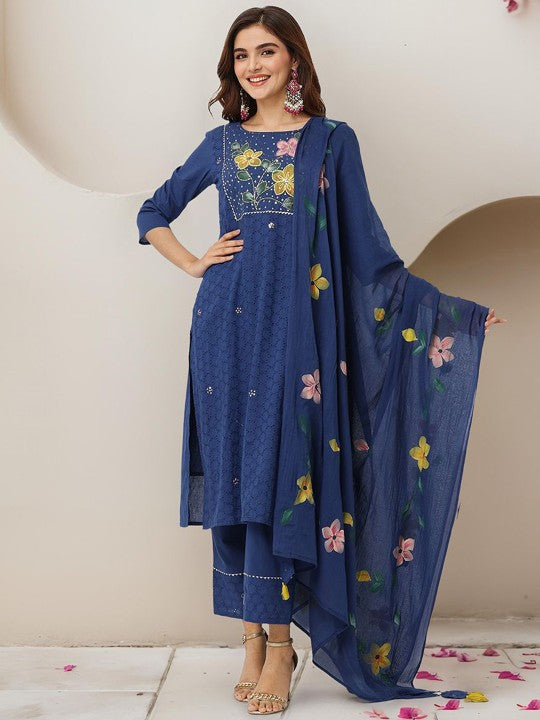 Ishin Ethnic Motifs Printed Thread Work Pure Cotton Straight Kurta With Trouser & Dupatta