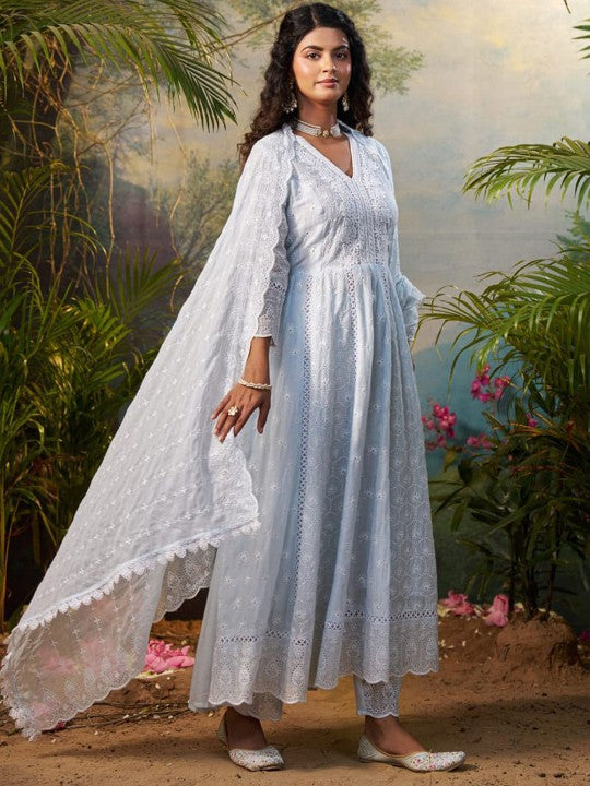 Indo Era Women Floral Embroidered Regular Thread Work Kurta Trousers With Dupatta Set