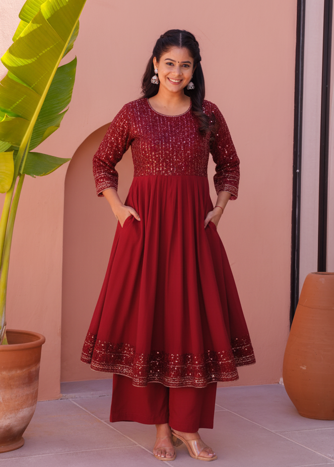 Embroidered Cotton SIlk A-line Kurta
