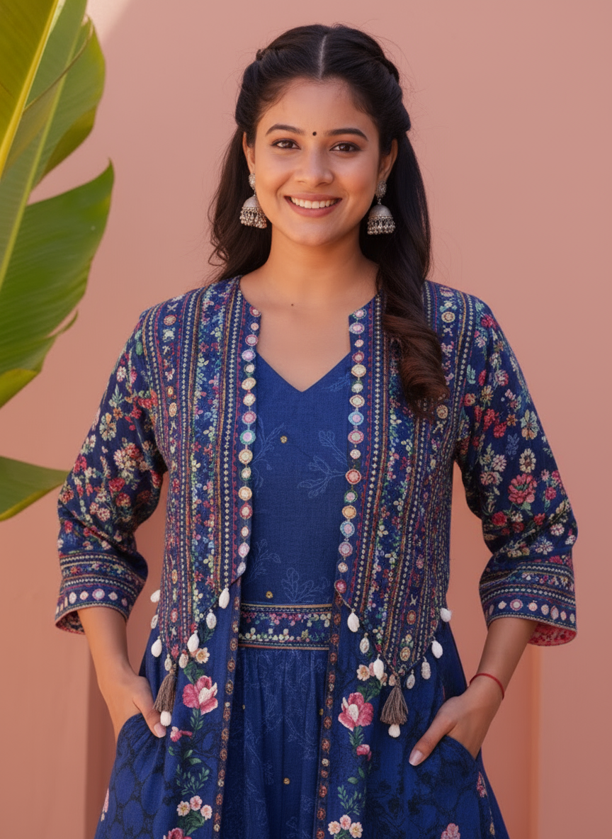 Embroidered Roman silk Flared Kurta