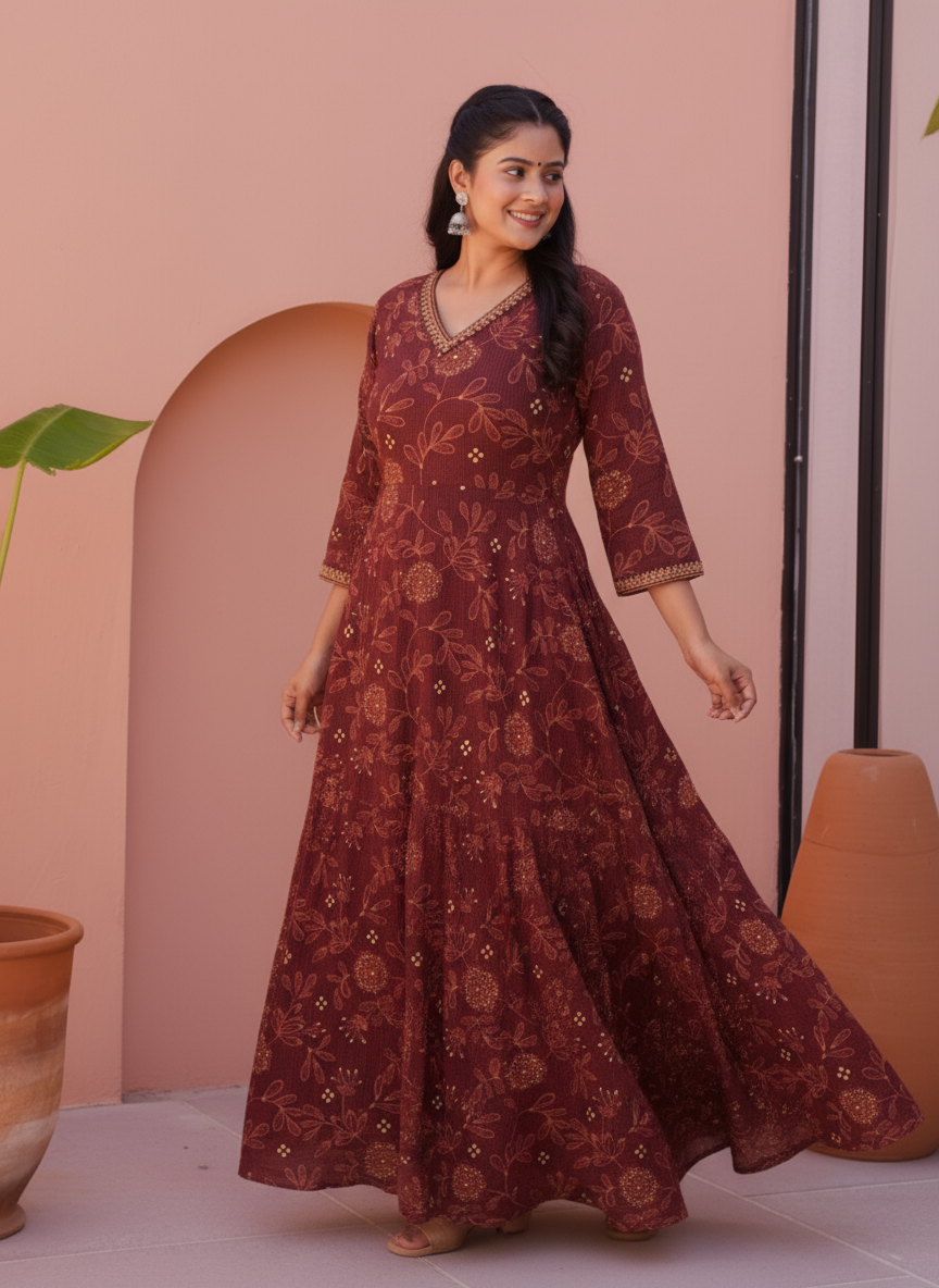 Viscose Floral Anarkali Maroon Dress