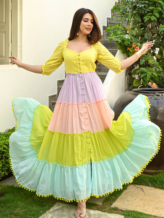 Bunaai Colourblocked Sweetheart Neck Cotton Fit & Flared Dress
