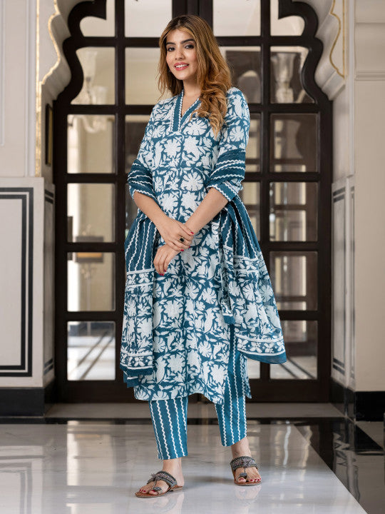 Jaitpuriya Floral Printed V-Neck Pure Cotton Straight Kurta With Trousers & Dupatta
