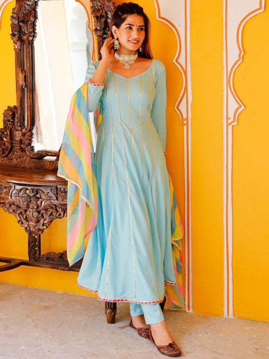 Thread & Button Women Striped Pure Cotton Kurta with Trouser & With Dupatta