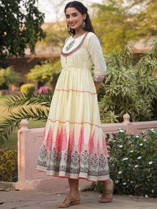 Printed Cotton Tiered Maxi-Length Ethnic Dresses