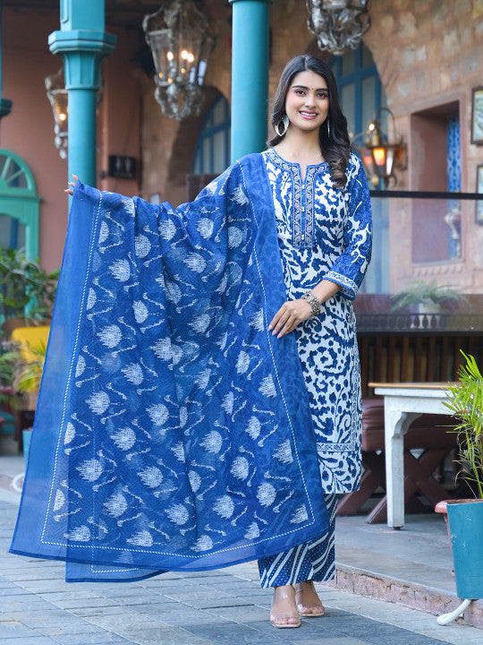 Varanga Floral Printed Notch Neck Straight Kurta With Trousers & Dupatta