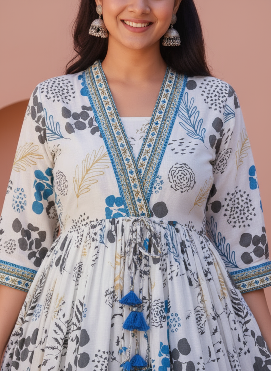Soft Cotton Foliage Anarkali White Dress