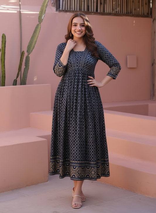 Soft Cotton Geometric Gathered Rust Dress