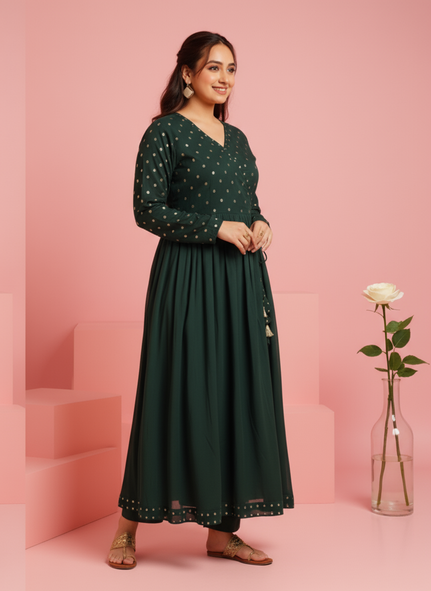 Georgette Solid Angrakha Green Kurta